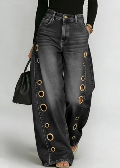 Blue Oversized Hollow Out Denim Wide Leg Pants Fall