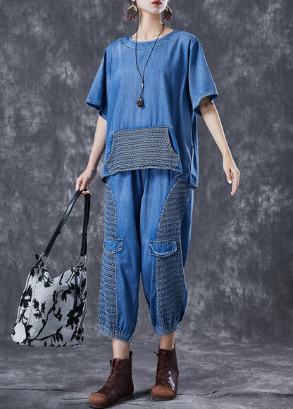 Blue Oversized Patchwork Pockets Denim Two Pieces Set Summer