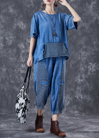 Blue Oversized Patchwork Pockets Denim Two Pieces Set Summer