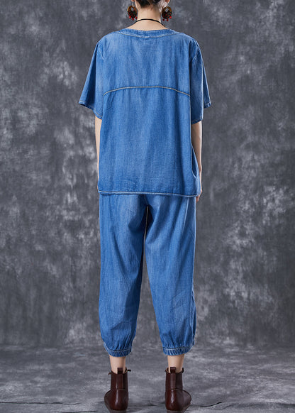 Blue Oversized Patchwork Pockets Denim Two Pieces Set Summer