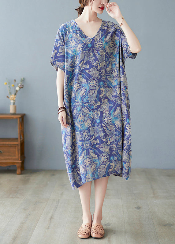 Blue Oversized Print Cotton Beach Dress Summer