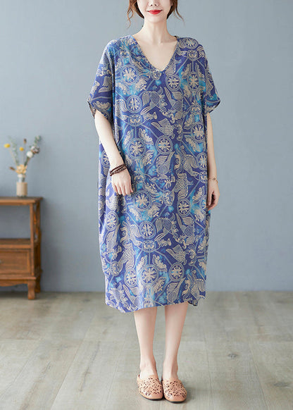 Blue Oversized Print Cotton Beach Dress Summer