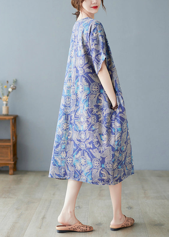 Blue Oversized Print Cotton Beach Dress Summer
