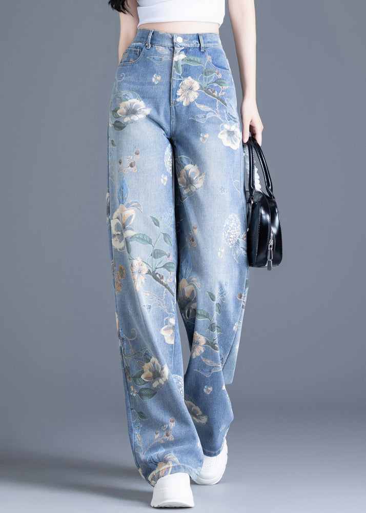 Blue Oversized Print Denim Straight Pants Spring