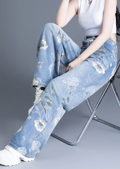 Blue Oversized Print Denim Straight Pants Spring