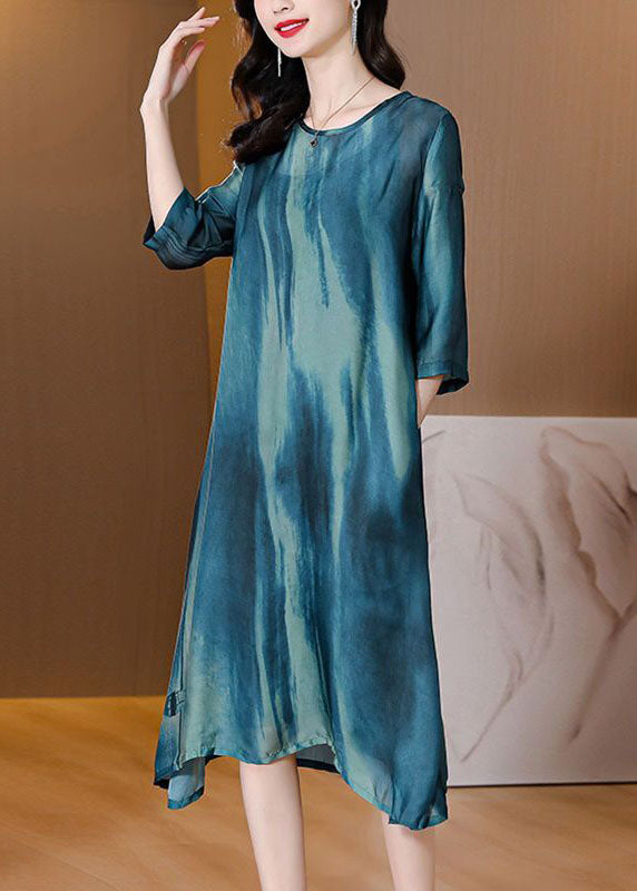 Blue Oversized Tie Dye Silk a Line Dress Summer