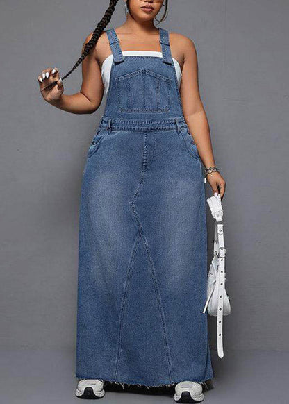 Blue Patchwork Pockets Denim Long Spaghetti Strap Dress Summer