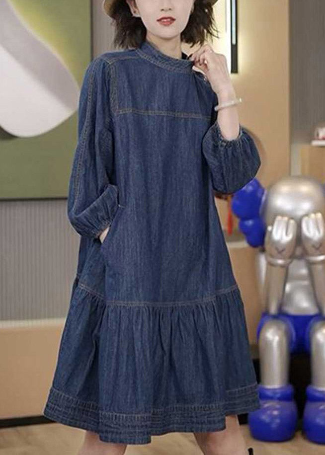 Blue Patchwork Wrinkled Denim Mid Dresses Long Sleeve