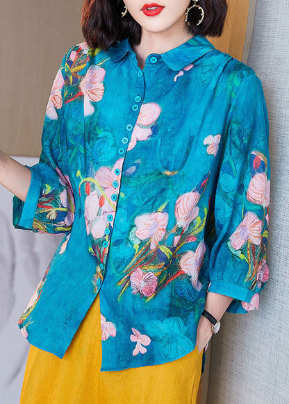 Blue Peter Pan Collar Button Print Linen Shirts Tops Bracelet Sleeve