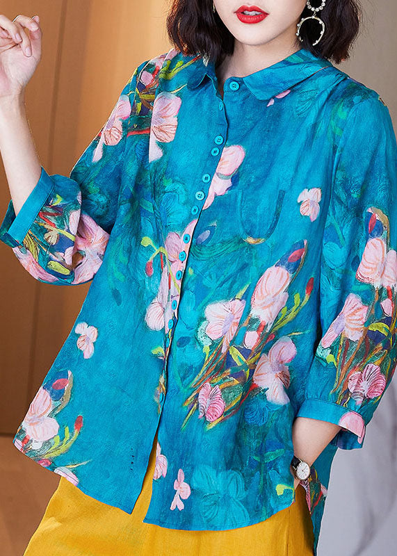 Blue Peter Pan Collar Button Print Linen Shirts Tops Bracelet Sleeve