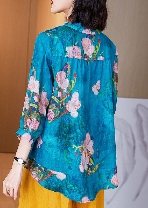 Blue Peter Pan Collar Button Print Linen Shirts Tops Bracelet Sleeve