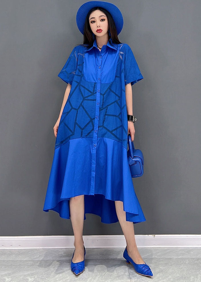 Blue Peter Pan Collar Patchwork Ruffles Low High Design Cotton Dress Short Sleeve
