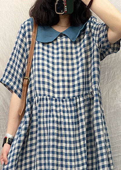 Blue Peter Pan Collar Plaid Linen Dresses Summer