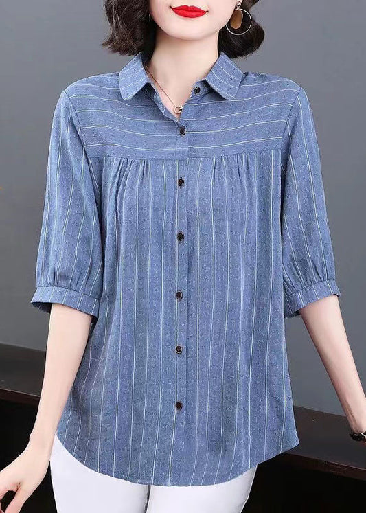 Blue Peter Pan Collar Striped Patchwork Cotton Shirt Tops Summer