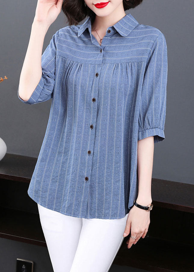 Blue Peter Pan Collar Striped Patchwork Cotton Shirt Tops Summer