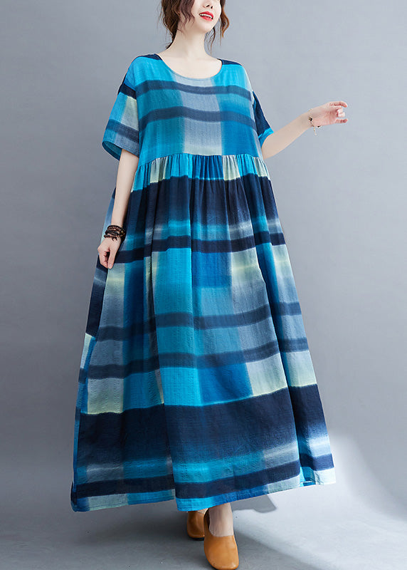Blue Plaid O-neck Patchwork Maxi Dresses Summer