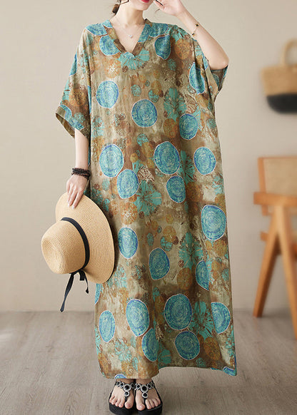 Blue Print Wrinkled Pockets Long Dresses Short Sleeve