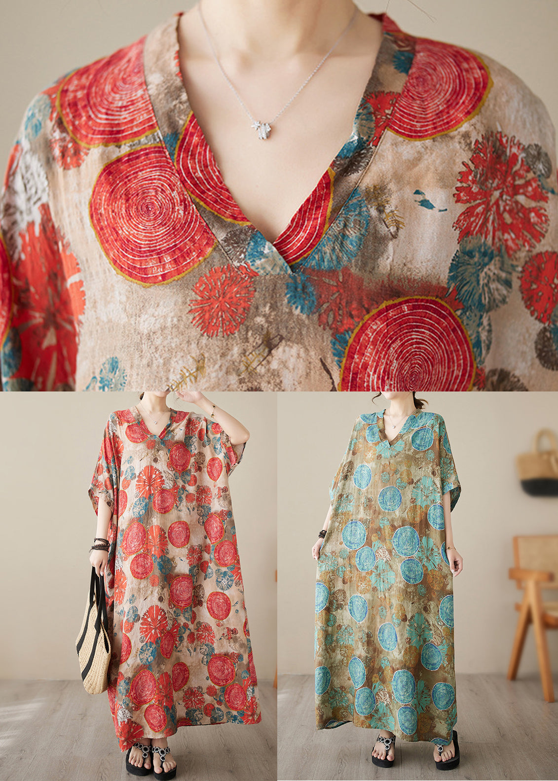 Blue Print Wrinkled Pockets Long Dresses Short Sleeve