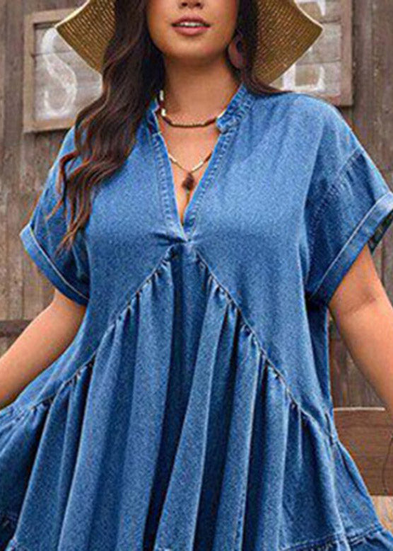 Blue Ruffled Patchwork Denim Mid Dress Short Sleeve