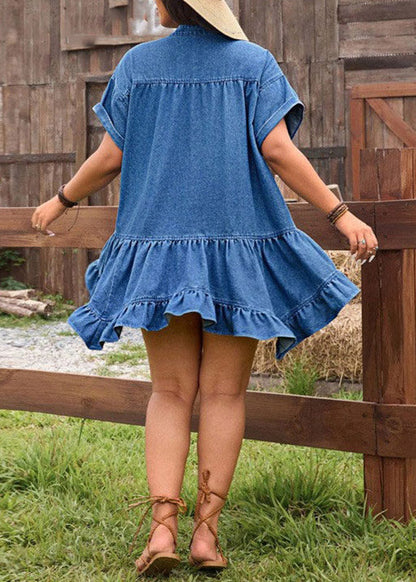Blue Ruffled Patchwork Denim Mid Dress Short Sleeve