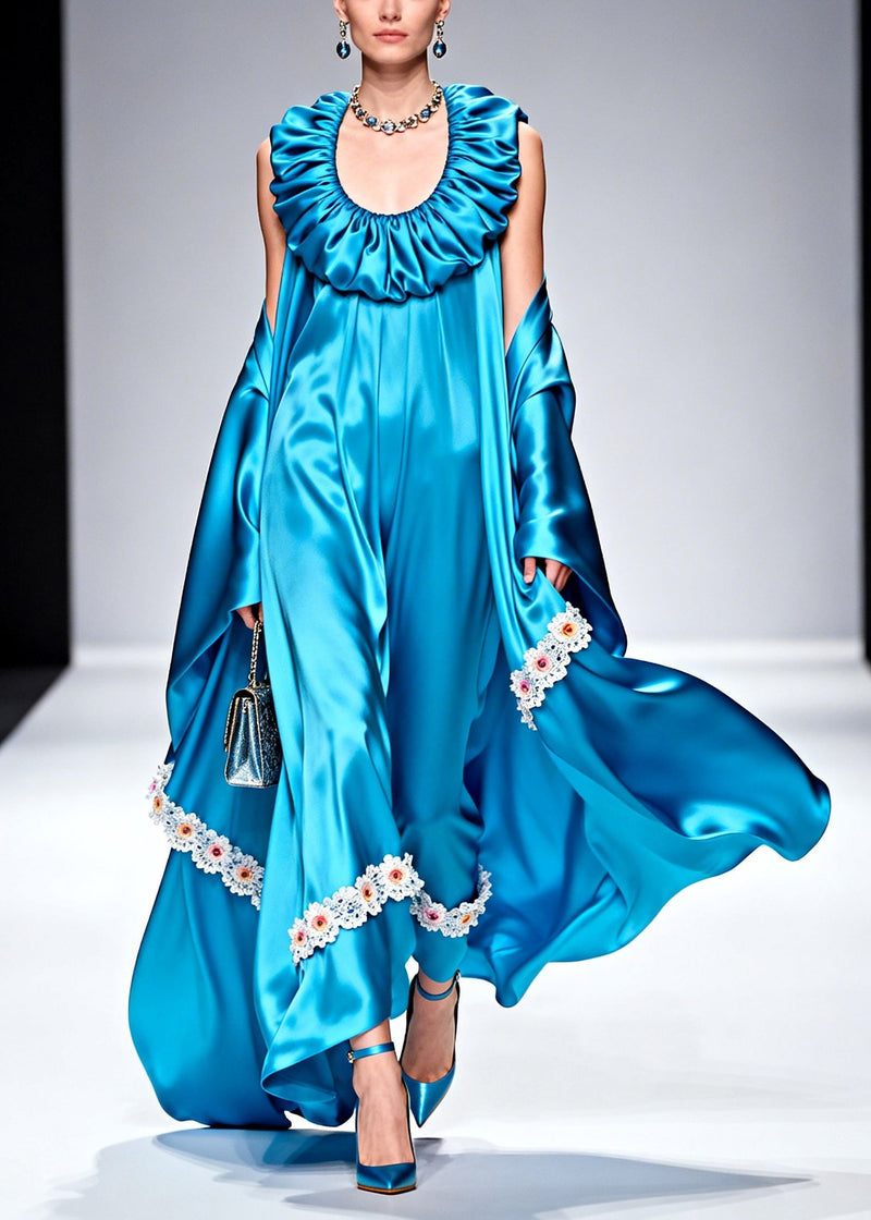 Blue U Neck Patchwork Flower Silk Robe Dresses Summer