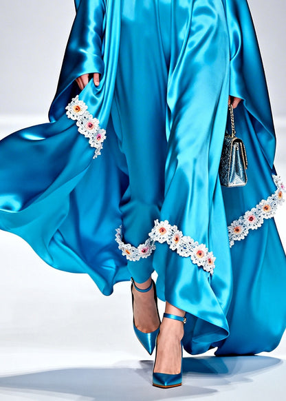 Blue U Neck Patchwork Flower Silk Robe Dresses Summer