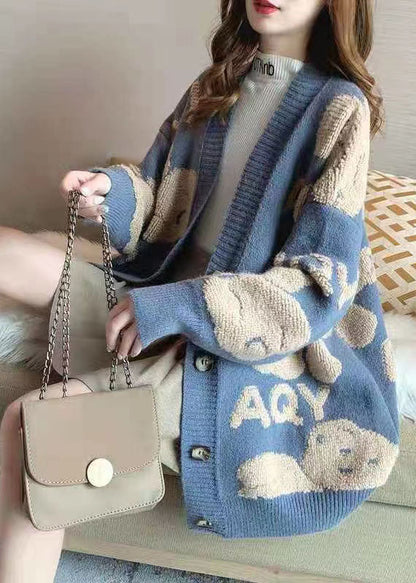 Blue V Neck Jacquard Knit Cardigans Winter