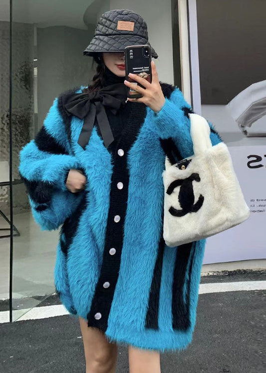 Blue V Neck Striped Mink Hair Knitted Cardigan Winter
