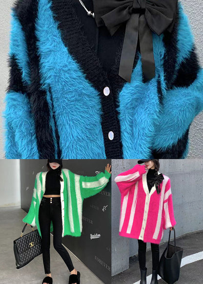 Blue V Neck Striped Mink Hair Knitted Cardigan Winter