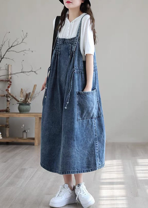 Blue-brown Flower Drawstring Pocket Spaghetti Strap Cotton Denim Dress Spring