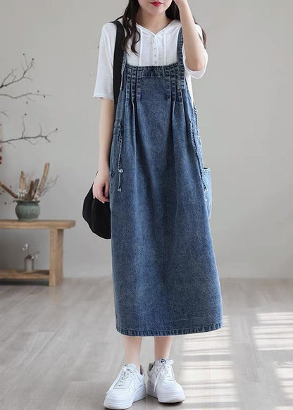 Blue-brown Flower Drawstring Pocket Spaghetti Strap Cotton Denim Dress Spring