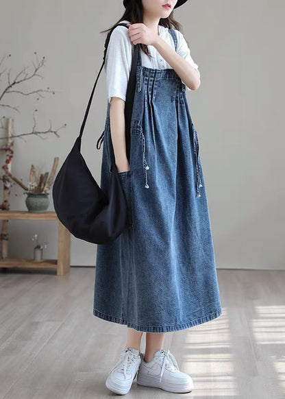 Blue-leaves Drawstring Pocket Spaghetti Strap Cotton Denim Dress Spring