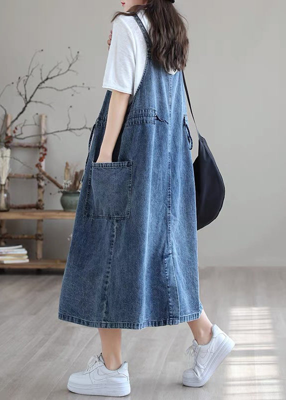 Blue-white Flower Drawstring Pocket Spaghetti Strap Cotton Denim Dress Spring