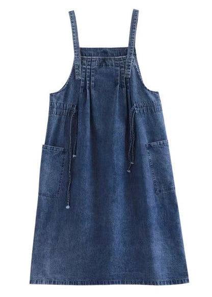 Blue-leaves Drawstring Pocket Spaghetti Strap Cotton Denim Dress Spring