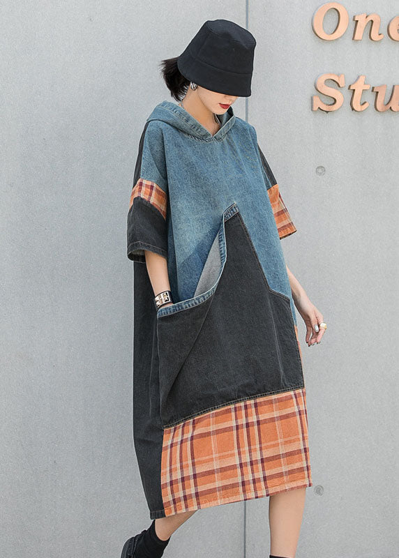 Blue Hooded Patchwork Plaid Pockets Fall Denim Dresses Half Sleeve