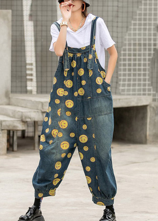 Blue Smile Print Patchwork Pockets Denim Jumpsuit Sleeveless