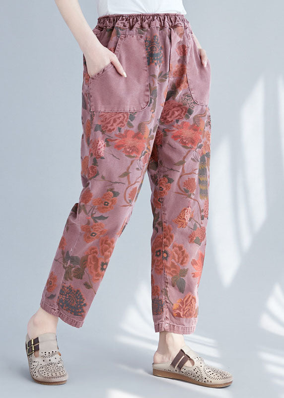 Brick Red Elastic Waist Print Cotton Denim Pants Spring