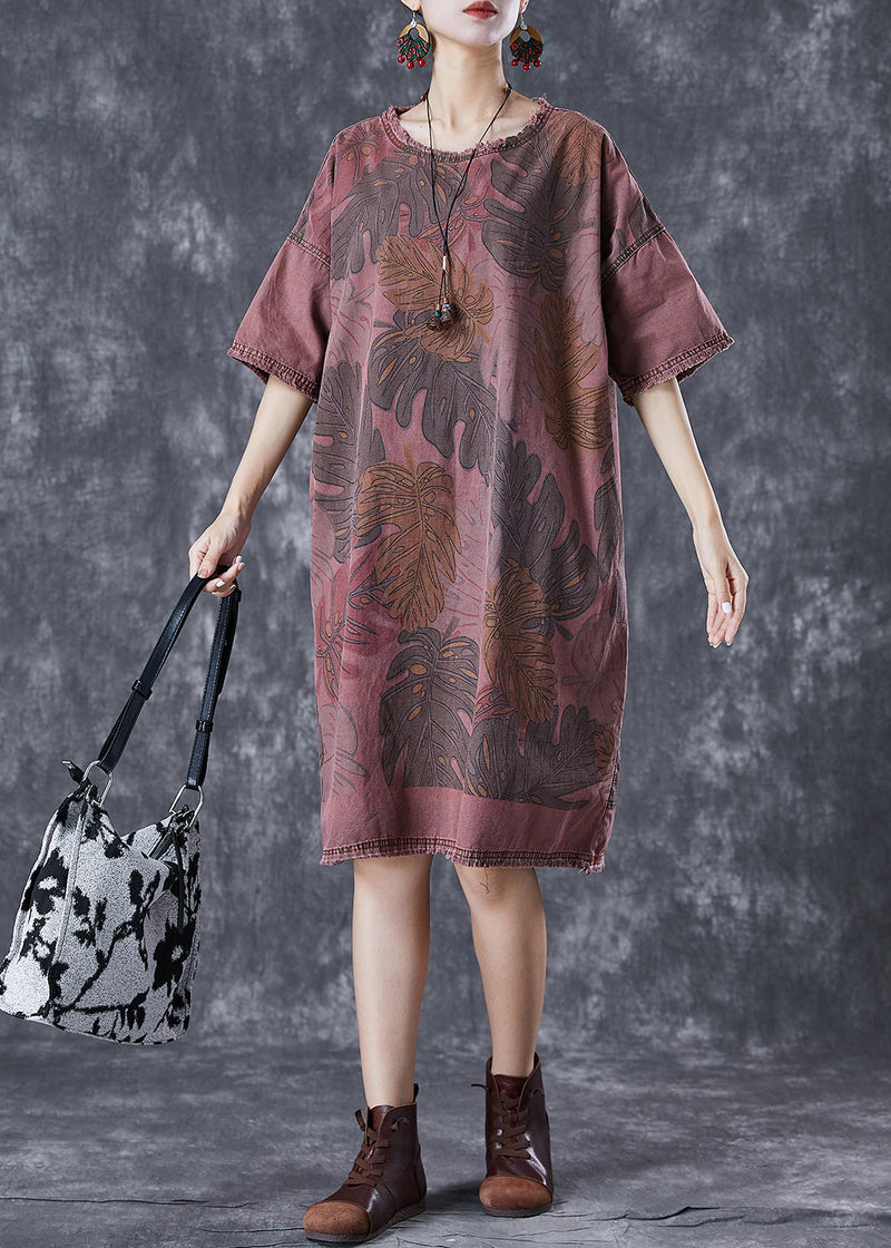 Brick Red O-neck Print Denim Maxi Dresses Summer