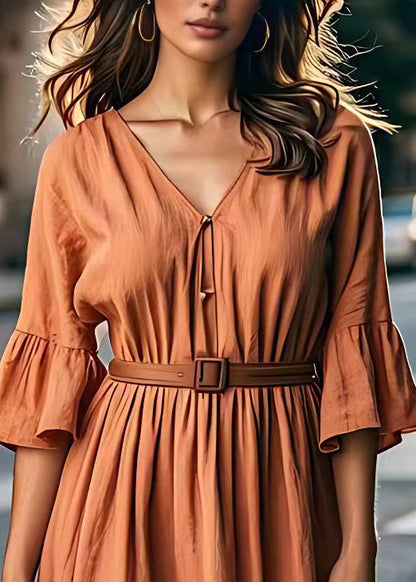 Brick Red V Neck Tie Waist Cotton Long Dresses Summer