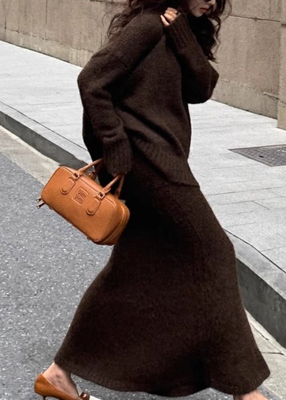 Brown Cozy Cotton Knit Sweaters and Maxi Skirts Two Pieces Set Spring
