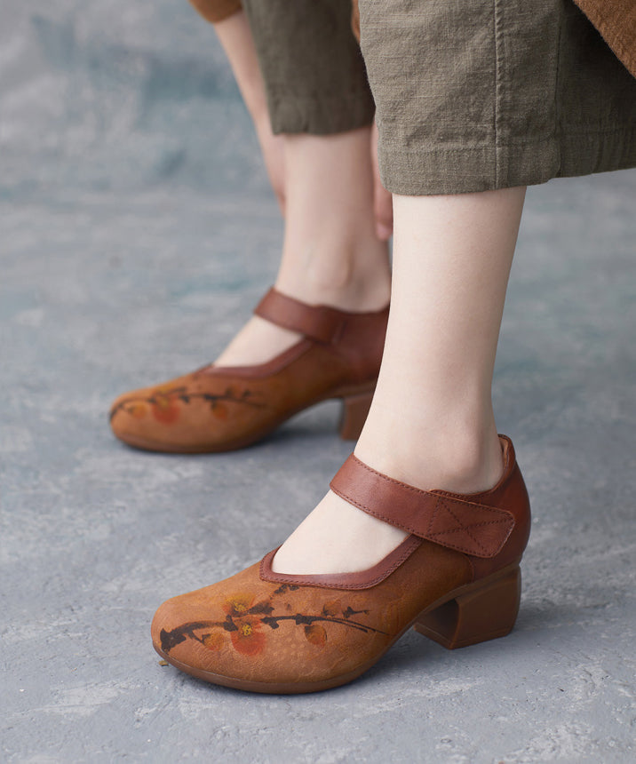 Brown High Heels Chunky Cowhide Leather Splicing High Heels