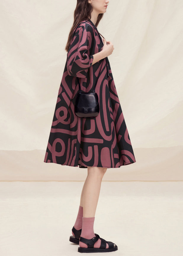 Brown O Neck Print Cotton Mid Dress Lantern Sleeve