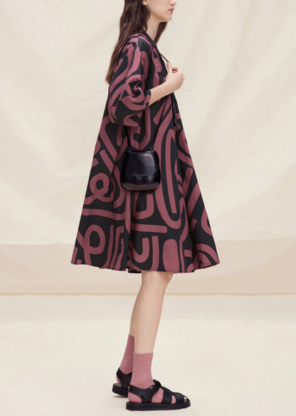 Brown O Neck Print Cotton Mid Dress Lantern Sleeve