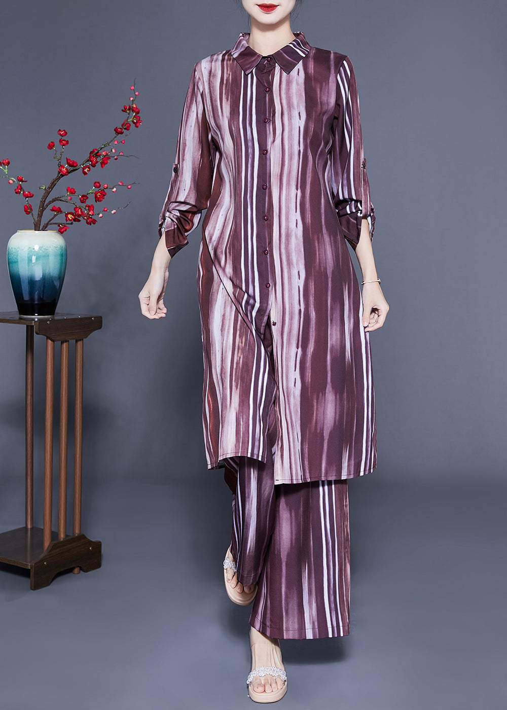 Brown Peter Pan Collar Tie Dye Silk Long Shirt and Straight Pants Two Pieces Set Spring