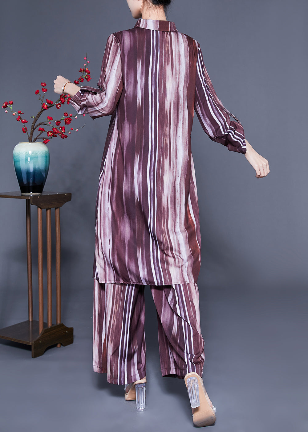 Brown Peter Pan Collar Tie Dye Silk Long Shirt and Straight Pants Two Pieces Set Spring