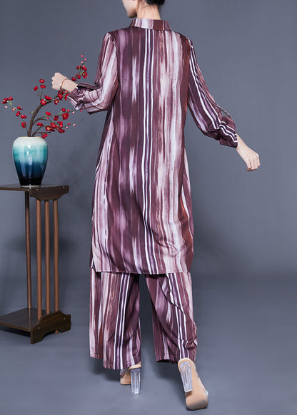 Brown Peter Pan Collar Tie Dye Silk Long Shirt and Straight Pants Two Pieces Set Spring