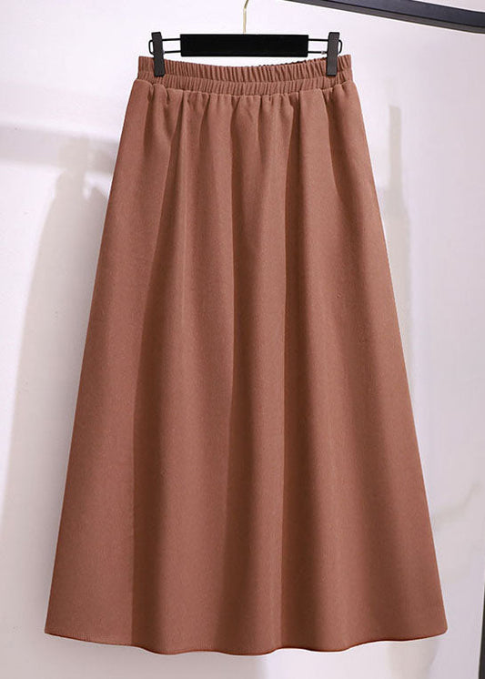 Brown Wrinkled Elastic Waist Patchwork Cotton Skirts Fall