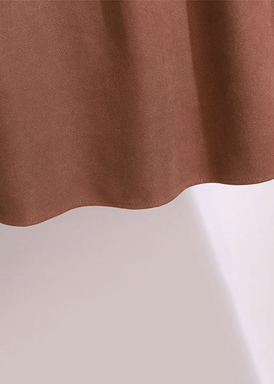 Brown Wrinkled Elastic Waist Patchwork Cotton Skirts Fall