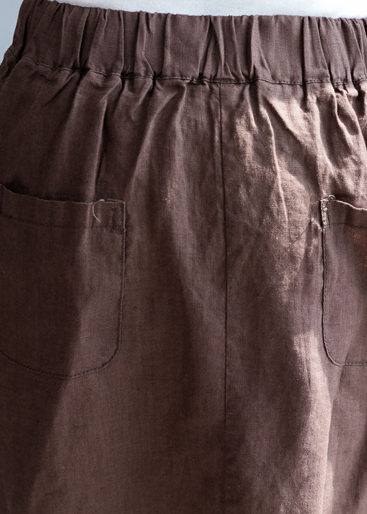 Chocolate Asymmetrical Pockets Linen Skirts Spring