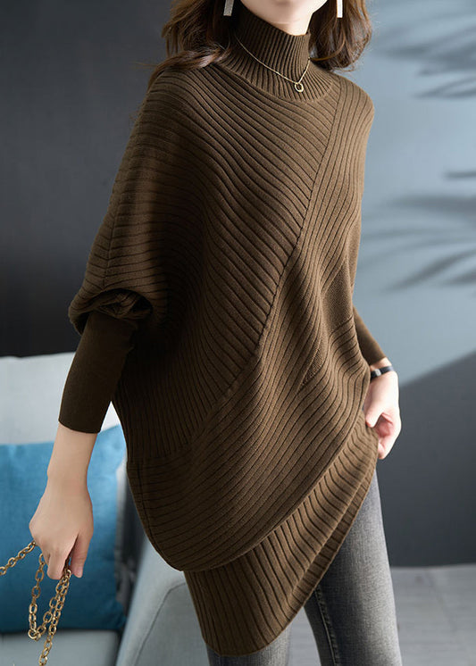 Coffee Half Hign Neck Knit Sweaters Batwing Sleeve